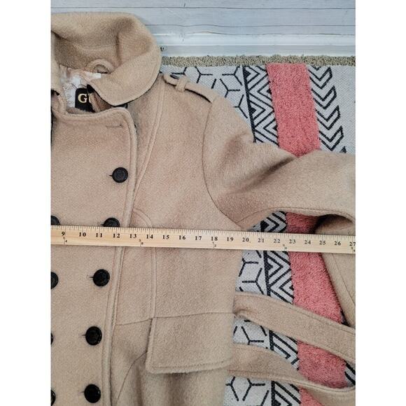 GUESS WOOL BLEND DOUBLE BREASTED CAMEL TAN PEA COAT, SZ SMALL - Picture 12 of 14